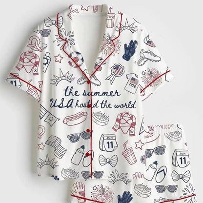 The USA 2026 Soccer Summer Games Satin Pajamas – Patriotic Stars & Stripes Soccer Fan Premium Sleepwear