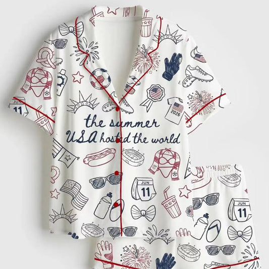 The USA 2026 Soccer Summer Games Satin Pajamas – Patriotic Stars & Stripes Soccer Fan Premium Sleepwear