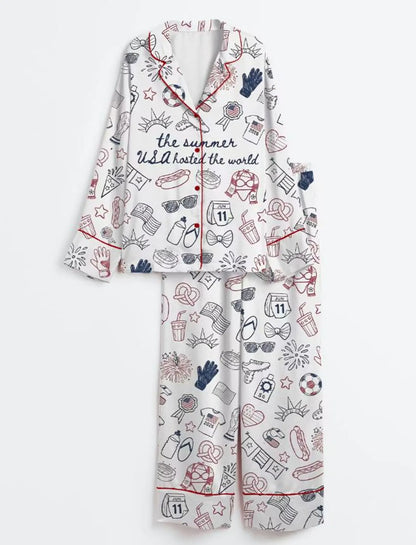 The USA 2026 Soccer Summer Games Satin Pajamas – Patriotic Stars & Stripes Soccer Fan Premium Sleepwear