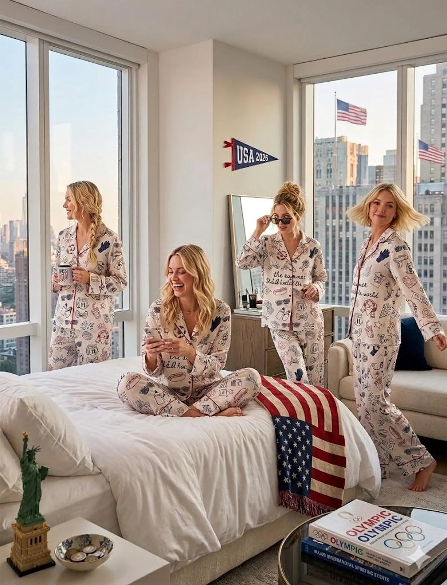 The USA 2026 Soccer Summer Games Satin Pajamas – Patriotic Stars & Stripes Soccer Fan Premium Sleepwear