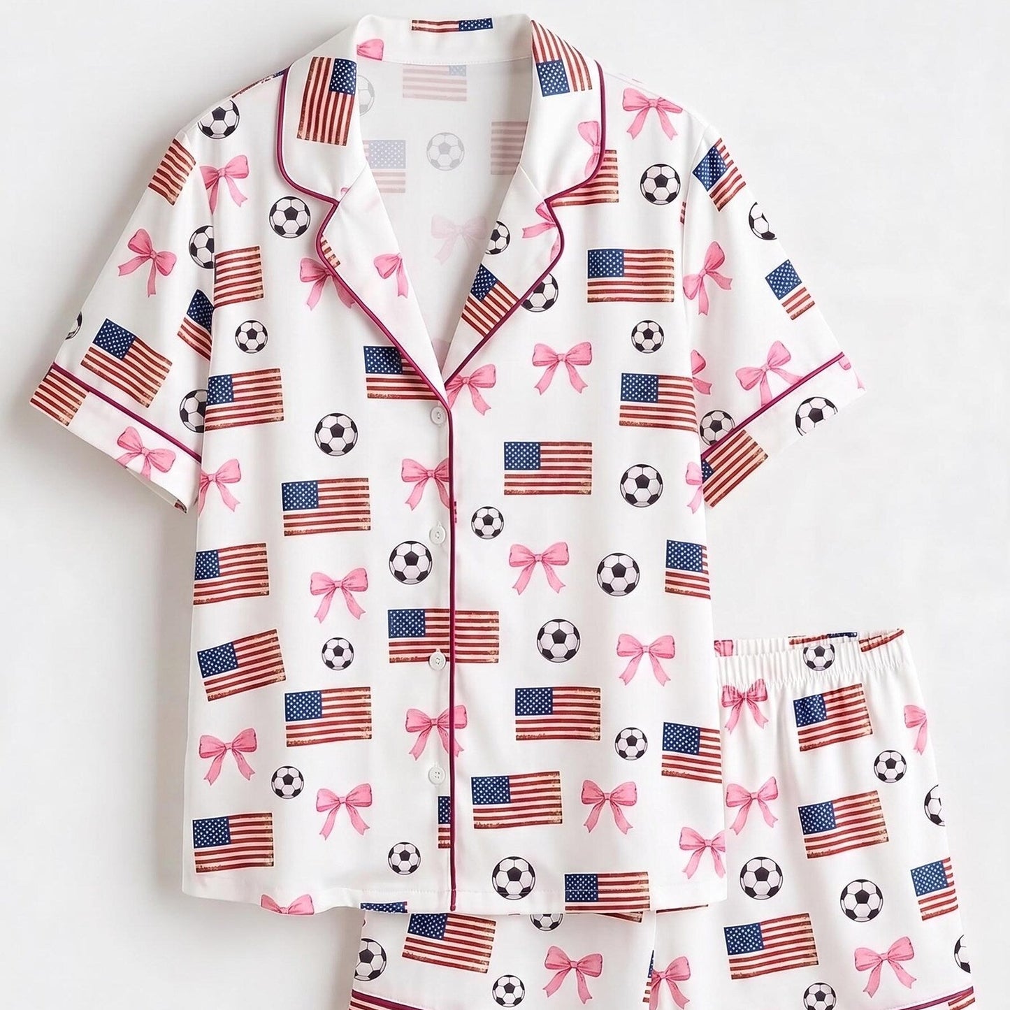 The USA Soccer Coquette Satin Pajamas – Pink Bow & Stars Premium Unisex Game Day Sleepwear