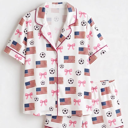 The USA Soccer Coquette Satin Pajamas – Pink Bow & Stars Premium Unisex Game Day Sleepwear