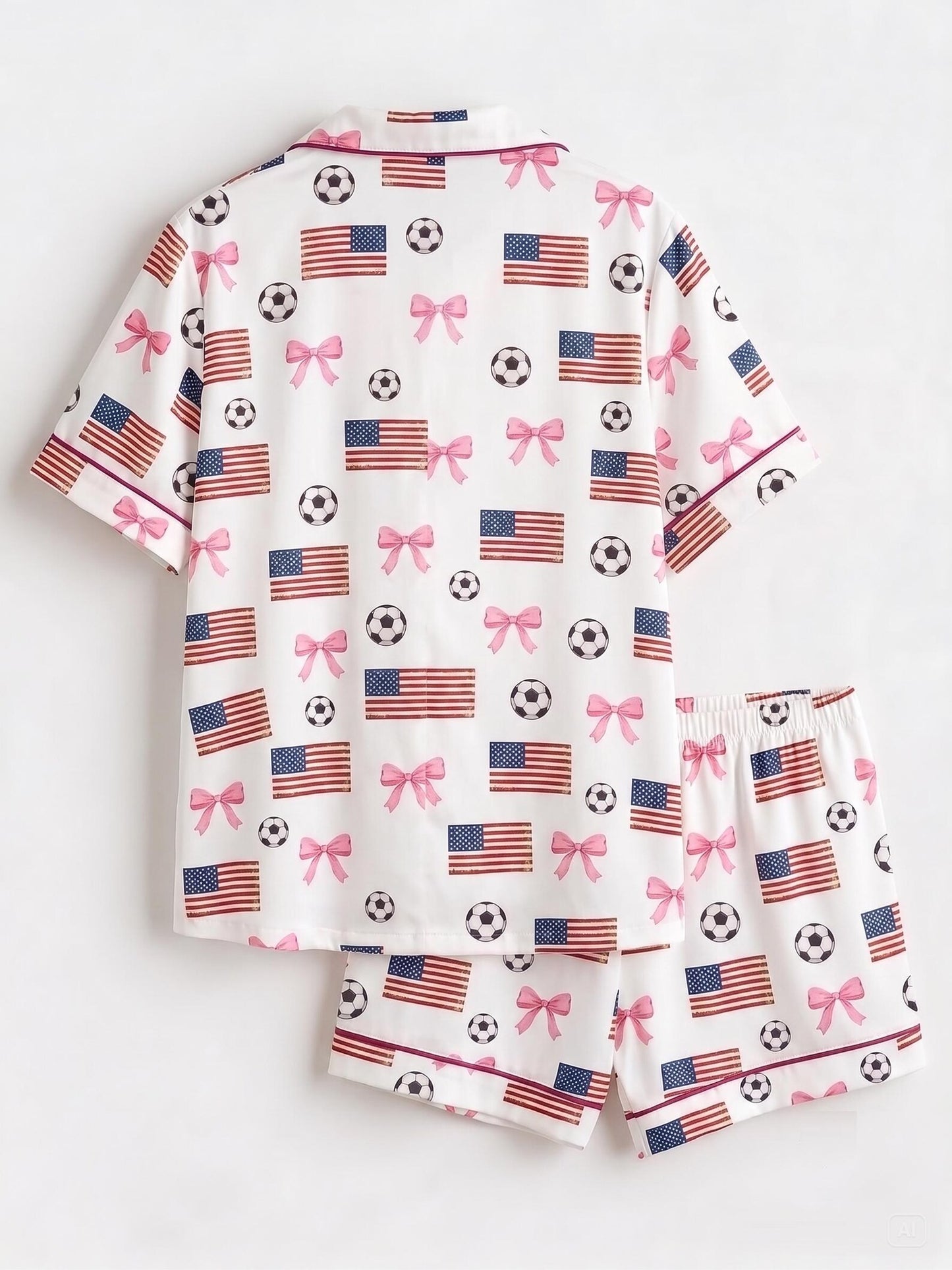 The USA Soccer Coquette Satin Pajamas – Pink Bow & Stars Premium Unisex Game Day Sleepwear