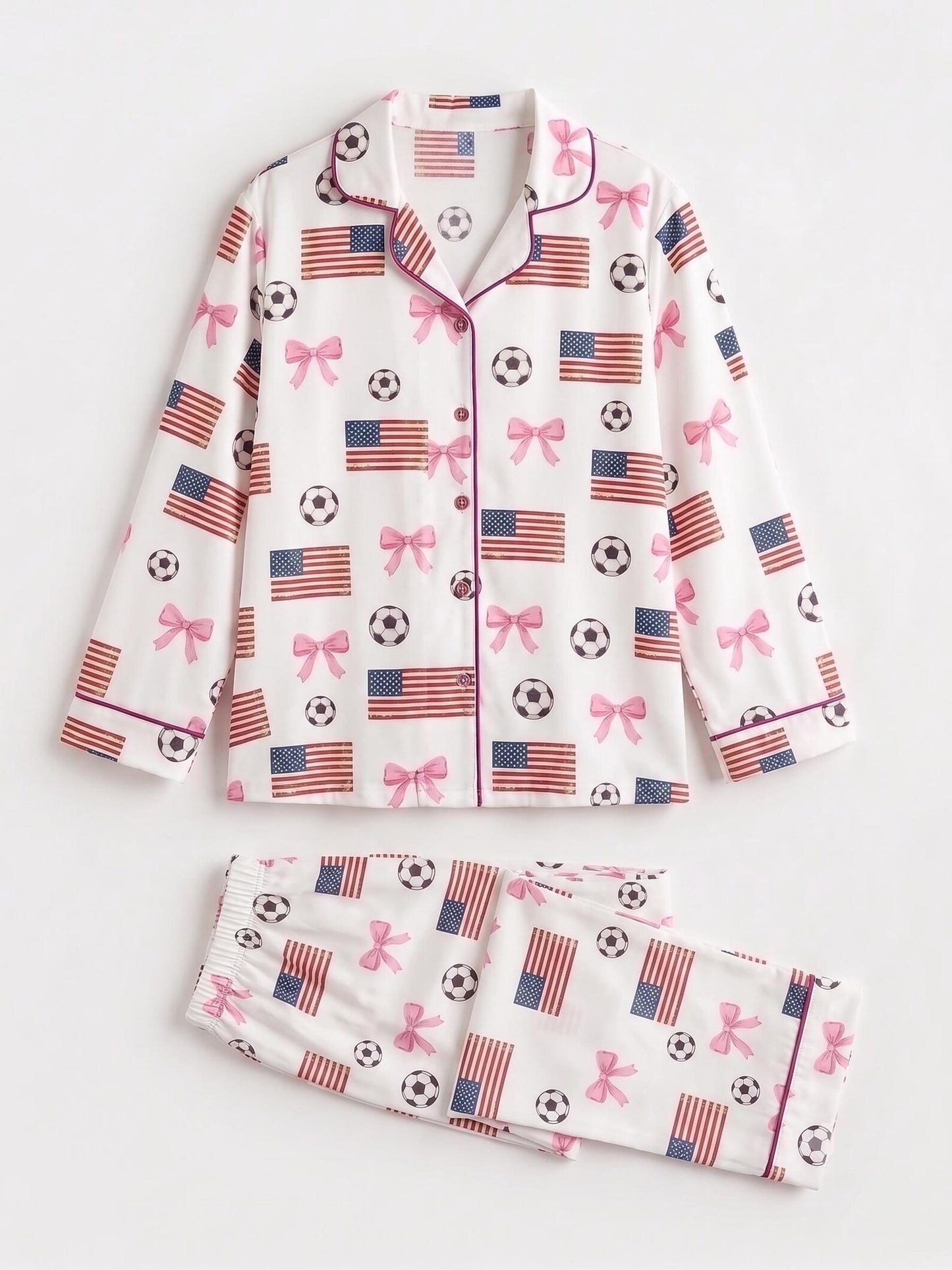 The USA Soccer Coquette Satin Pajamas – Pink Bow & Stars Premium Unisex Game Day Sleepwear