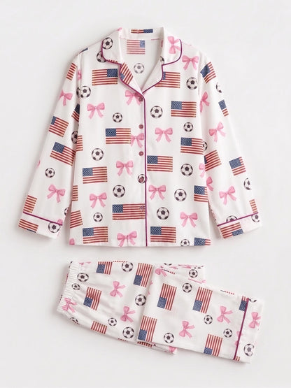 The USA Soccer Coquette Satin Pajamas – Pink Bow & Stars Premium Unisex Game Day Sleepwear