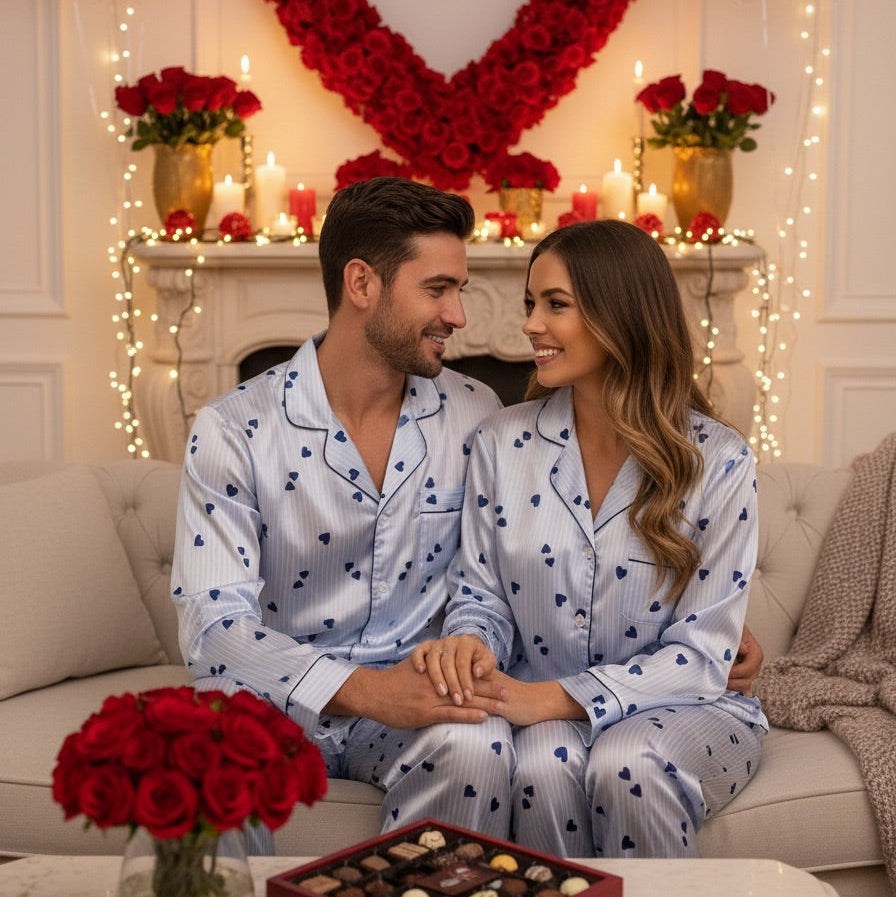 Valentine Stripe & Heart Pajama Set – Women’s Lapel Holiday Sleepwear