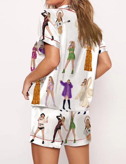 Swifttie Era Inspired Tour Pajama Set for Women, Music Artist Cartoon Print Satin Sleepwear, Cozy Nightwear Gift
