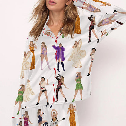 Swifttie Era Inspired Tour Pajama Set for Women, Music Artist Cartoon Print Satin Sleepwear, Cozy Nightwear Gift