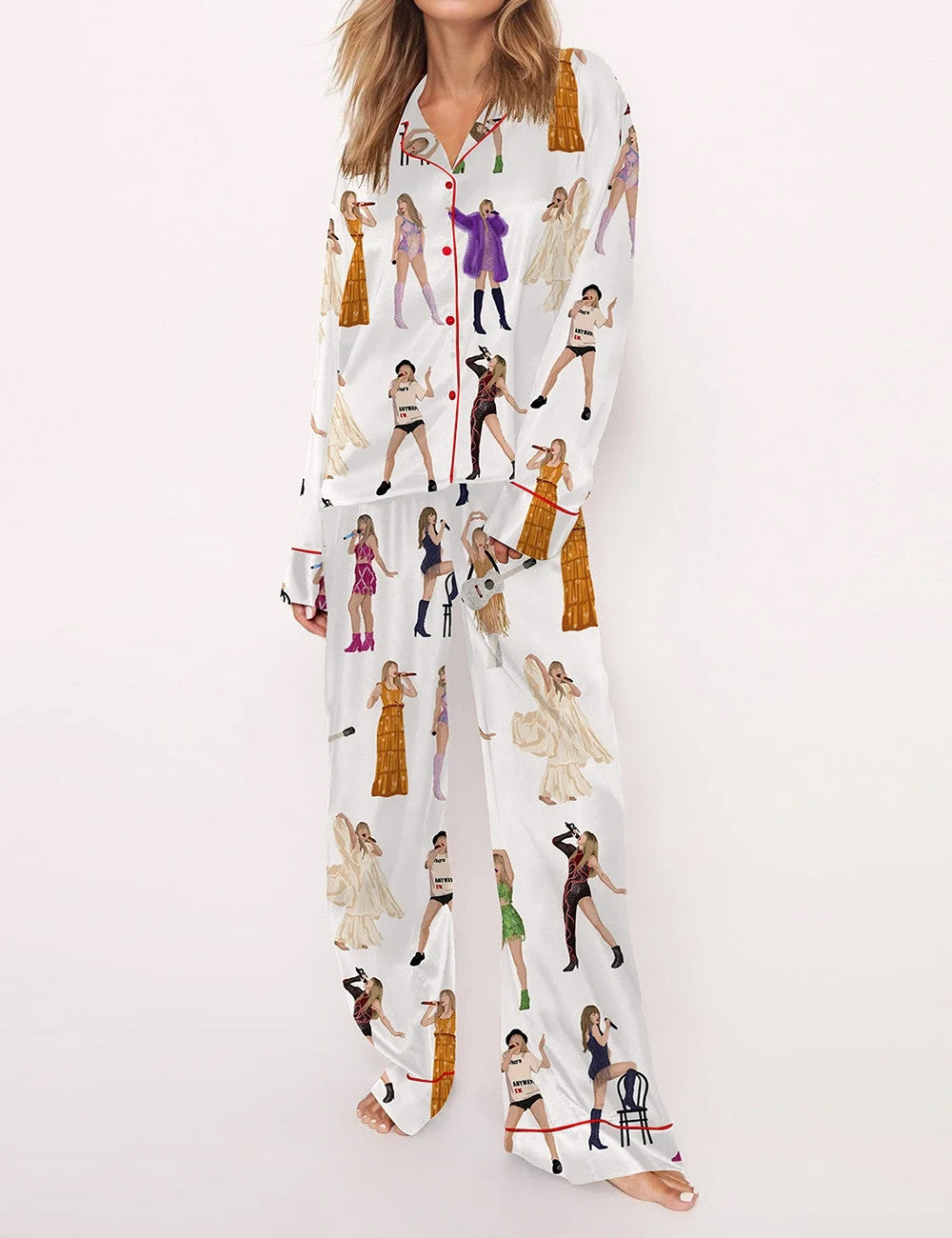 Swifttie Era Inspired Tour Pajama Set for Women, Music Artist Cartoon Print Satin Sleepwear, Cozy Nightwear Gift