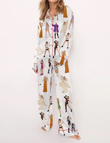 Swifttie Era Inspired Tour Pajama Set for Women, Music Artist Cartoon Print Satin Sleepwear, Cozy Nightwear Gift