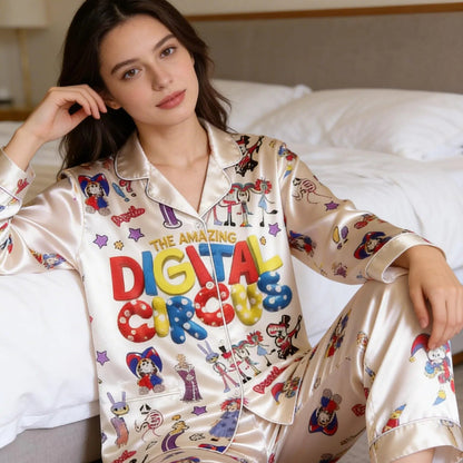 Soft Silk Digital Circus Lounge Set - Cute Cartoon Print Satin Sleepwear