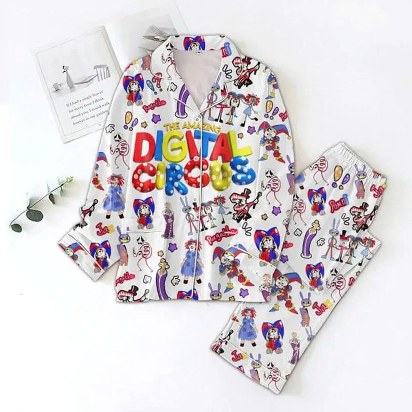 Soft Silk Digital Circus Lounge Set - Cute Cartoon Print Satin Sleepwear