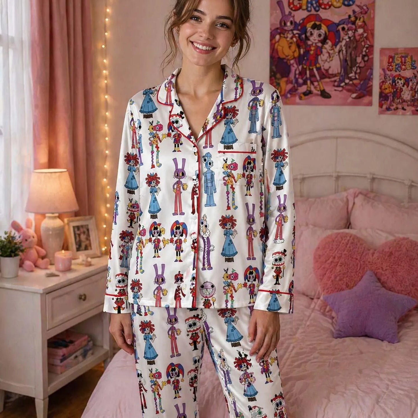 Digital Circus "Virtual Escape" Satin Set - Aesthetic Anime Silk-Feel Loungewear