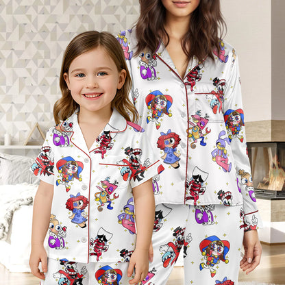 Silky Digital Circus Character Pajama Set - Cute Horror Aesthetic Satin Sleepwear