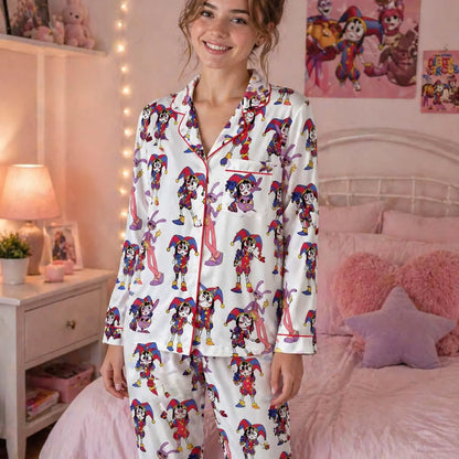 Silky Digital Circus Jester & Rabbit Satin Set - Aesthetic Anime Sleepwear