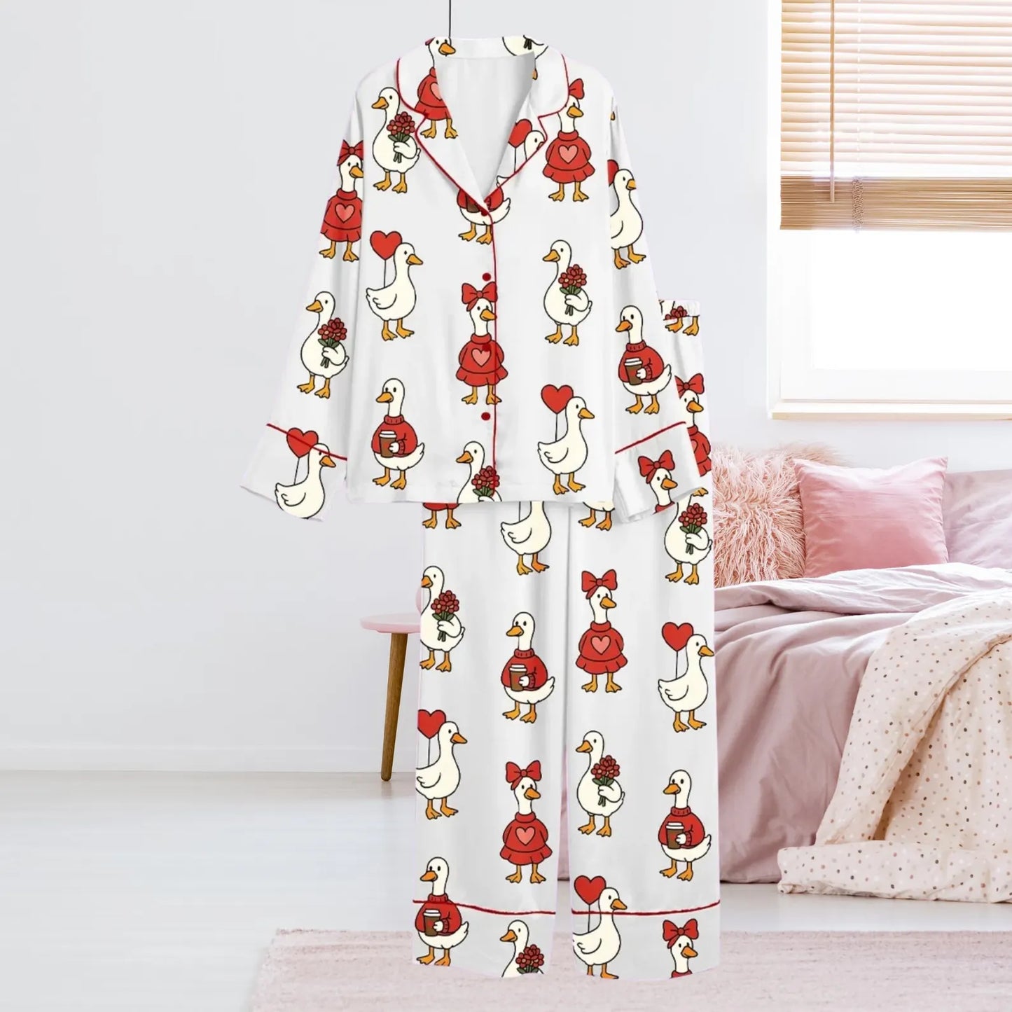 Valentine Goose Pajama Set for Women – Cute Duck Heart Print Button-Up Sleepwear