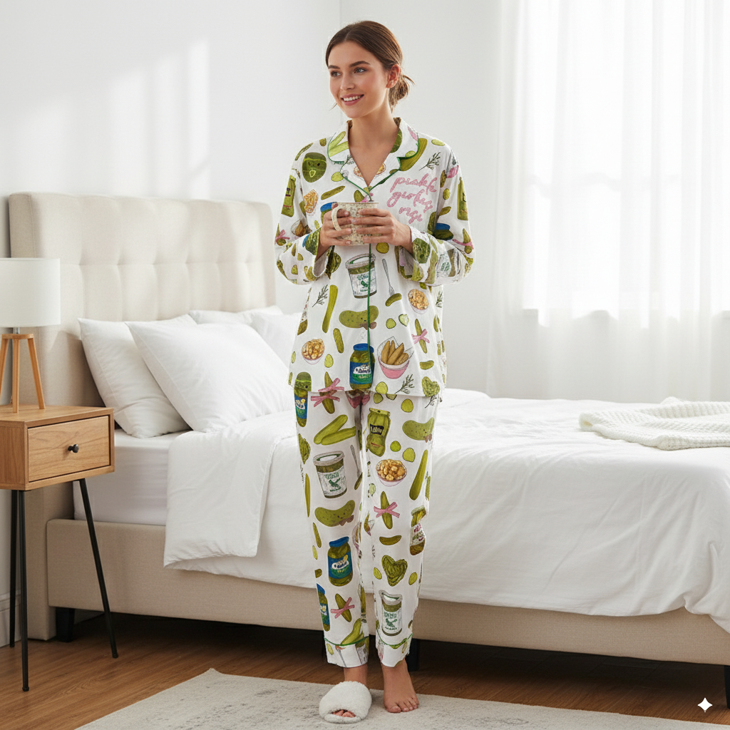 Womens Pickles Print Satin Pajama Set Short Sleeve Silky Sleepwear with Pockets Gift for Pickle Lovers