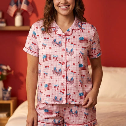 The USA 250th Anniversary Pink Gingham Pajamas – Patriotic Ribbon & Bow Family Sleepwear