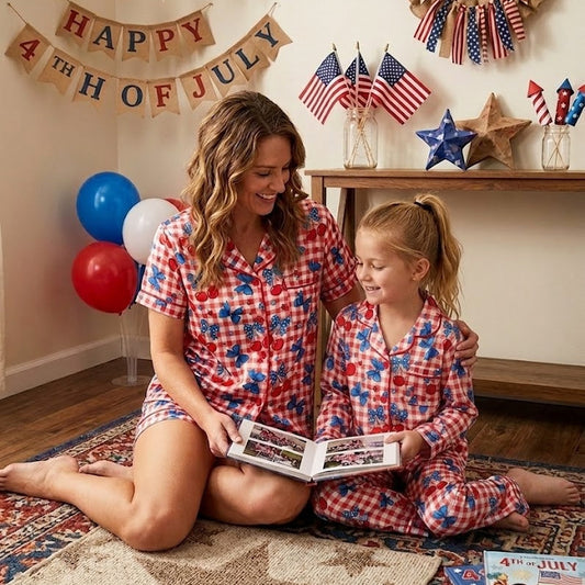 The USA 250th Anniversary Patriotic Gingham Bow Satin Pajamas – Americana Cherry Family Sleepwear