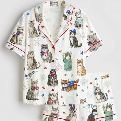 The USA 250th Anniversary Patriotic Cat Pajamas – Women’s Watercolor Cats Summer Sleepwear