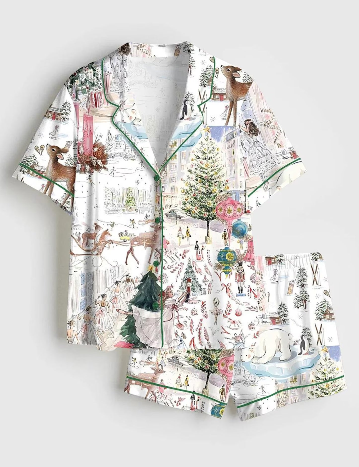 White Christmas Satin Pajama Set – Ballet Tree & Reindeer Print Short Sleeve Sleepwear for Women