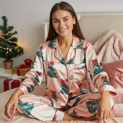 Coquette Pink Christmas Tree Satin Pajama Set – Elegant Holiday Sleepwear for Women and Matching Family Festive PJs
