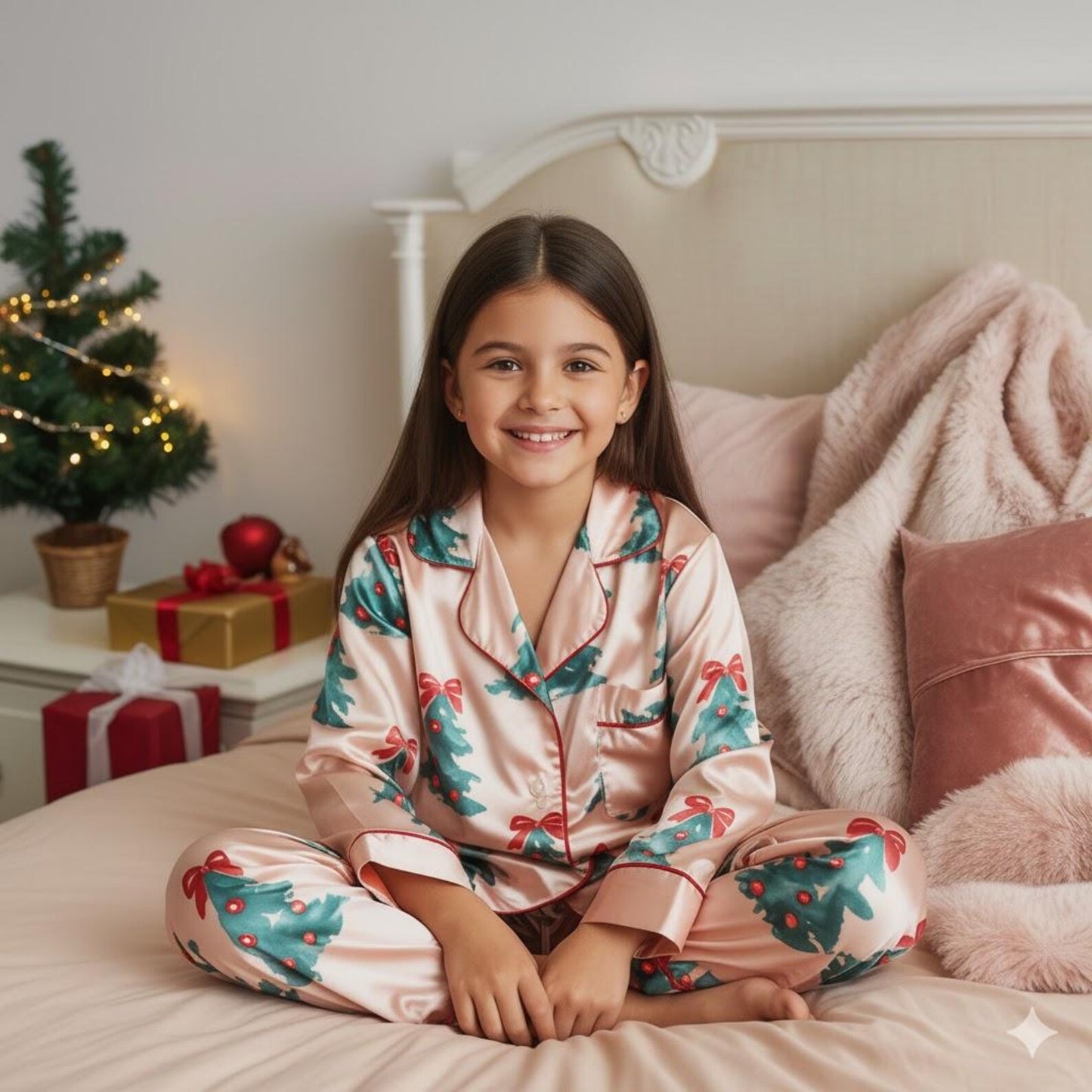 Coquette Pink Christmas Tree Satin Pajama Set – Elegant Holiday Sleepwear for Women and Matching Family Festive PJs