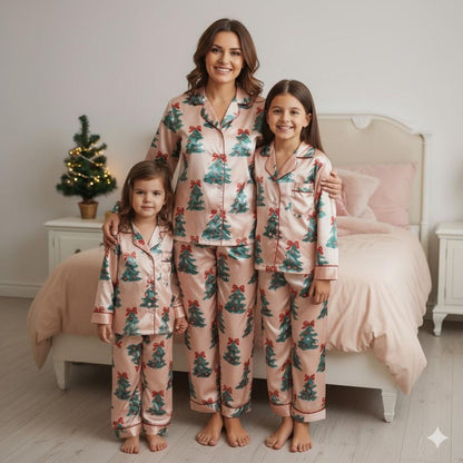 Coquette Pink Christmas Tree Satin Pajama Set – Elegant Holiday Sleepwear for Women and Matching Family Festive PJs