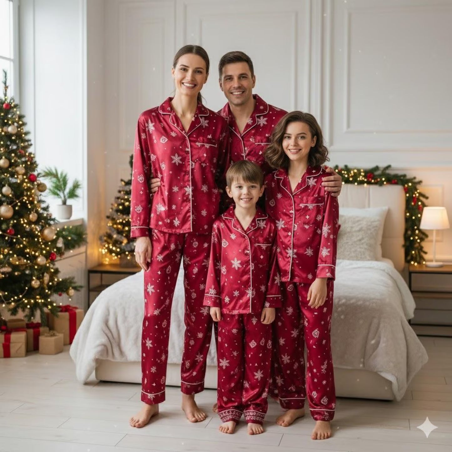 Red Snowflake Satin Christmas Pajama Set – Matching Family Holiday Sleepwear