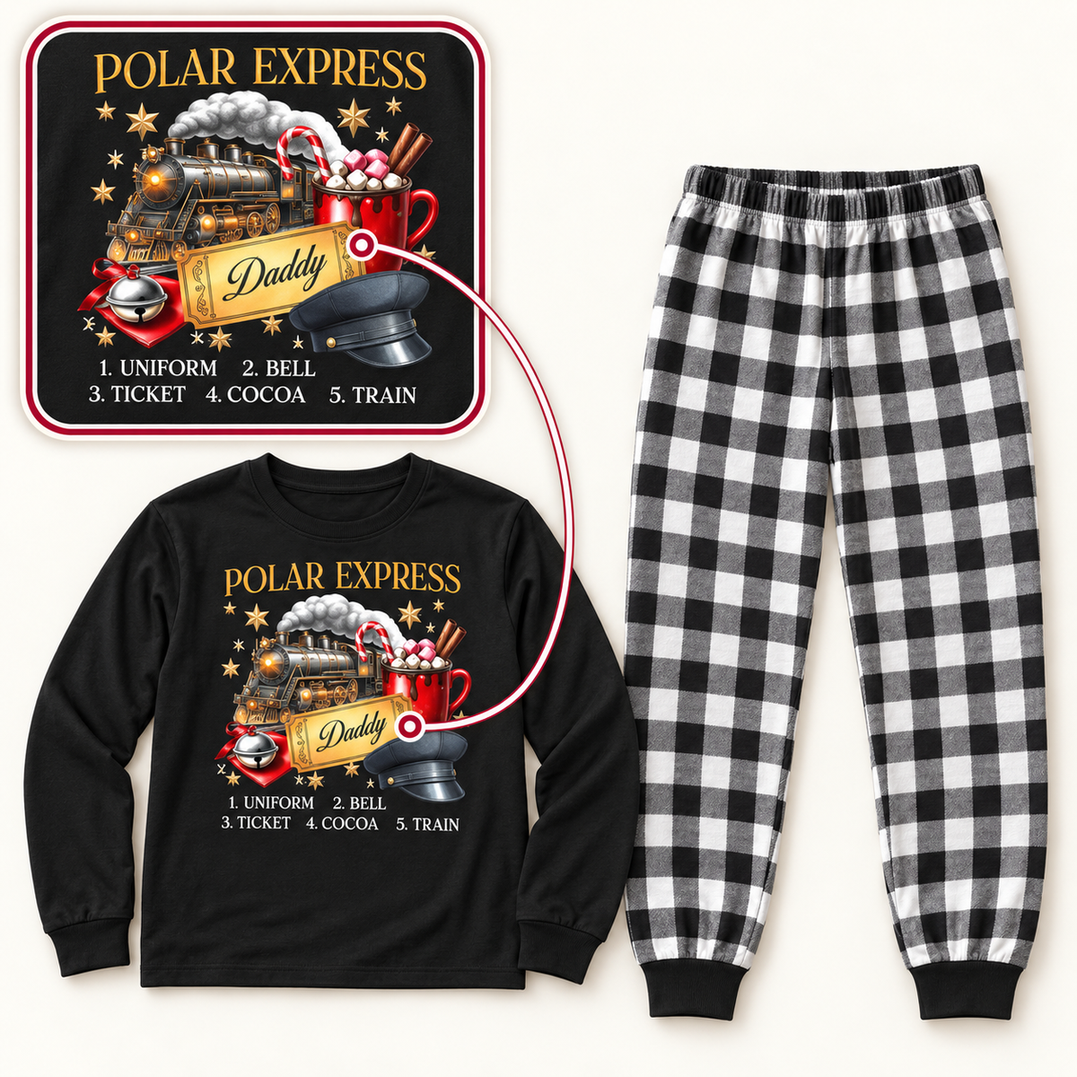 Personalized Polar Express Family Christmas Pajama Set – Black & Plaid