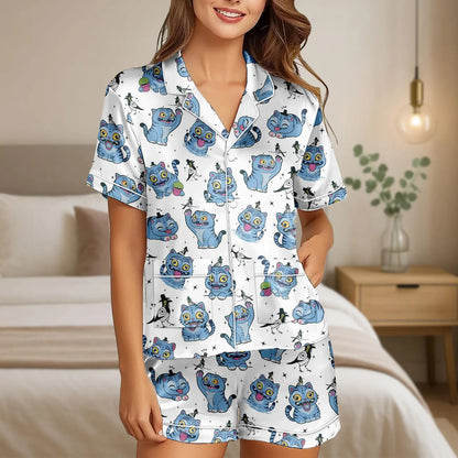 Kpop Inspired Tiger Satin Pajama Set – Cute Tiger and Bird Print Women’s Sleepwear, Demon Hunter Style Short PJs