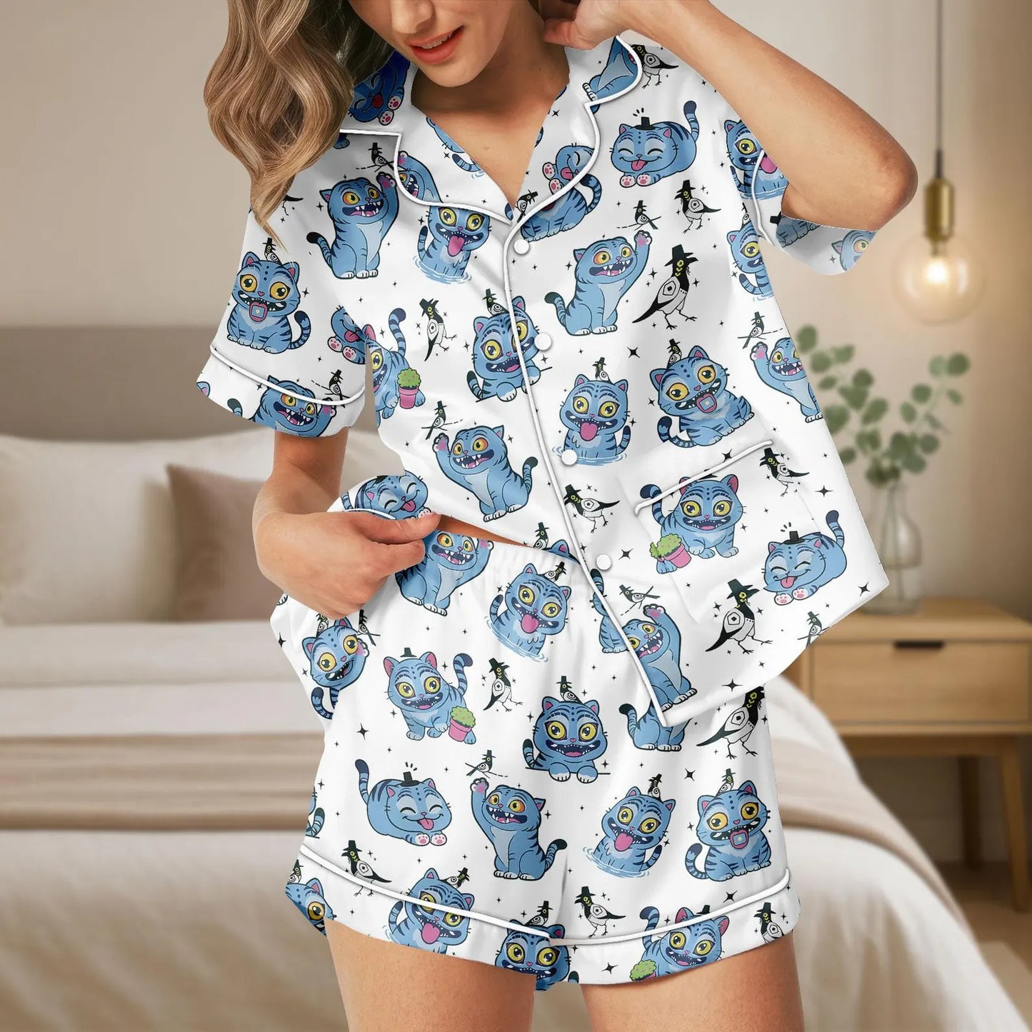 Kpop Inspired Tiger Satin Pajama Set – Cute Tiger and Bird Print Women’s Sleepwear, Demon Hunter Style Short PJs