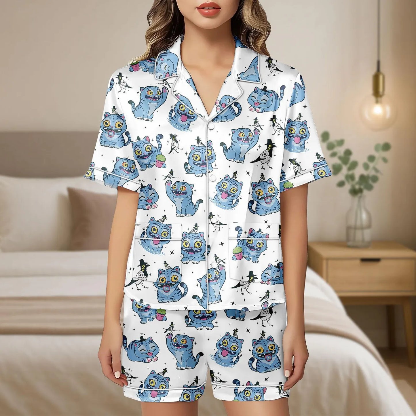 Kpop Inspired Tiger Satin Pajama Set – Cute Tiger and Bird Print Women’s Sleepwear, Demon Hunter Style Short PJs