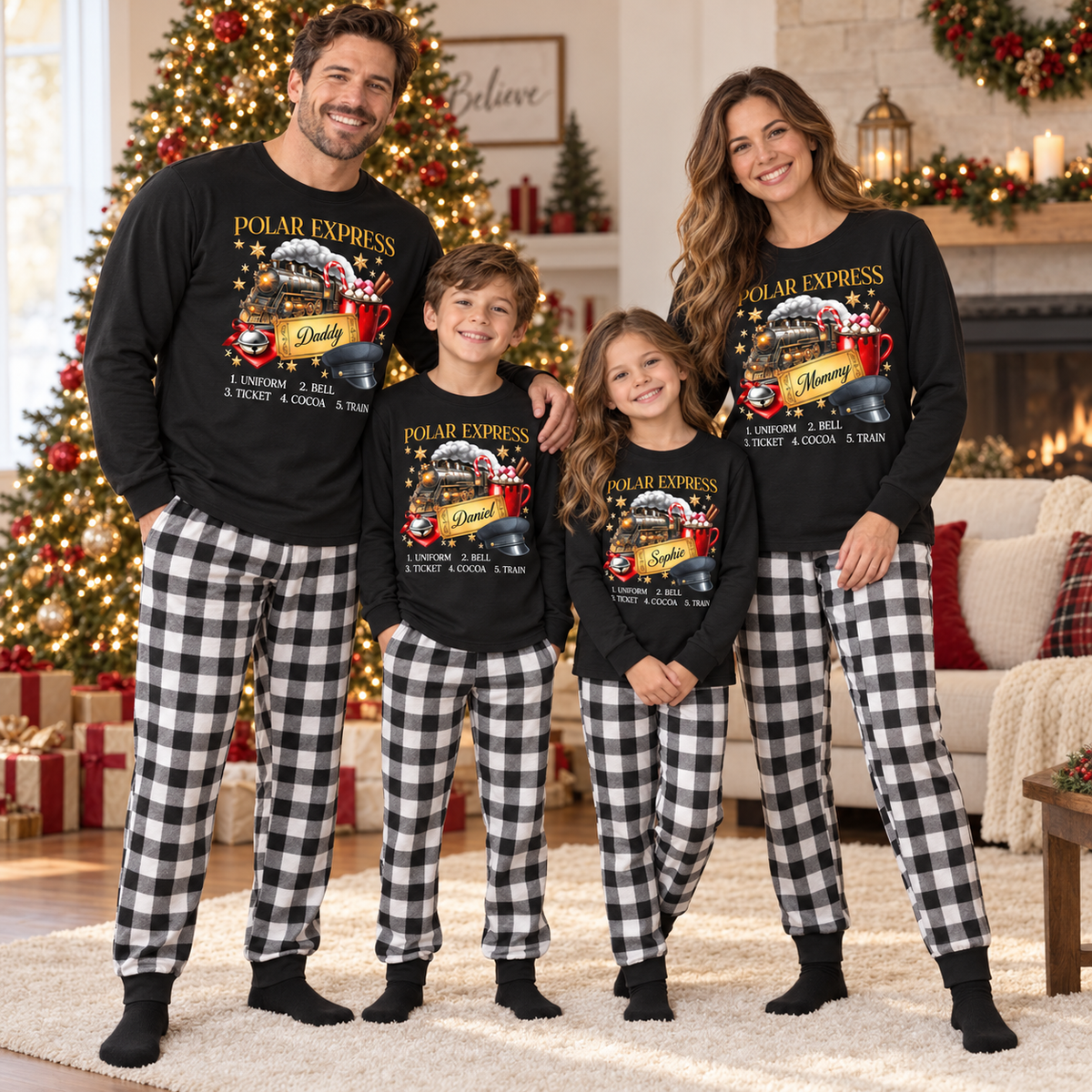 Personalized Polar Express Family Christmas Pajama Set – Black & Plaid