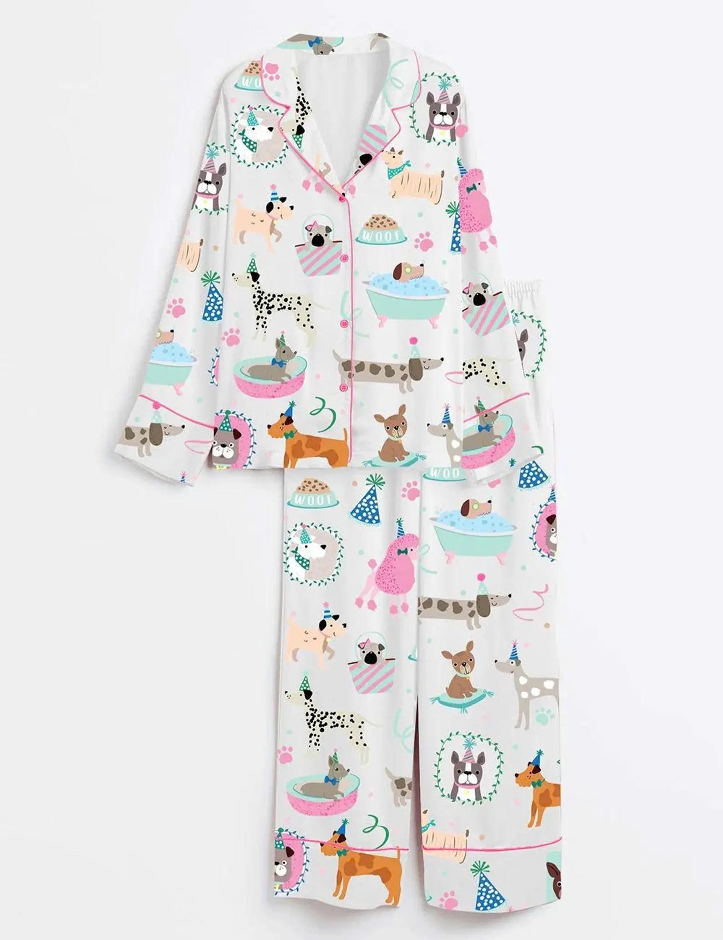 Luxury Pajama Set - Cute Dog Party Cartoon Playful Puppy Sleeve Loungewear
