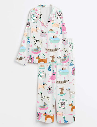 Luxury Pajama Set - Cute Dog Party Cartoon Playful Puppy Sleeve Loungewear