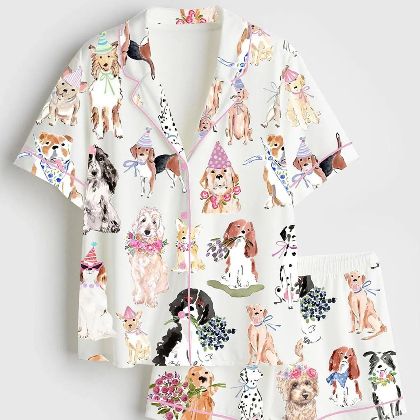 Luxury Satin Pajama Set - Cute Coquette Dog Flower Print Family Matching Sleepwear Loungewear
