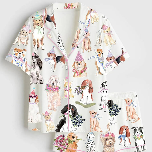 Luxury Satin Pajama Set - Cute Coquette Dog Flower Print Family Matching Sleepwear Loungewear