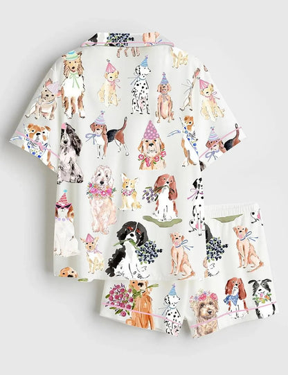 Luxury Satin Pajama Set - Cute Coquette Dog Flower Print Family Matching Sleepwear Loungewear