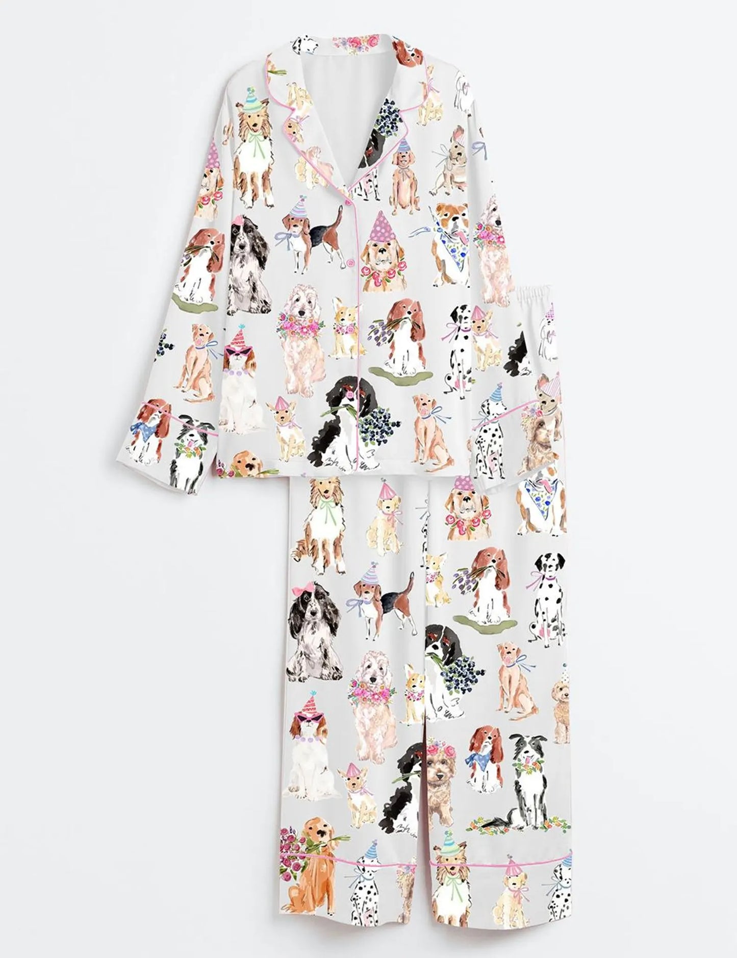 Luxury Satin Pajama Set - Cute Coquette Dog Flower Print Family Matching Sleepwear Loungewear