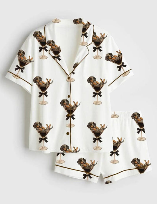 Luxury Satin Pajama Set - Elegant Dachshund Martini Sausage Dog Mom Sleepwear Loungewear