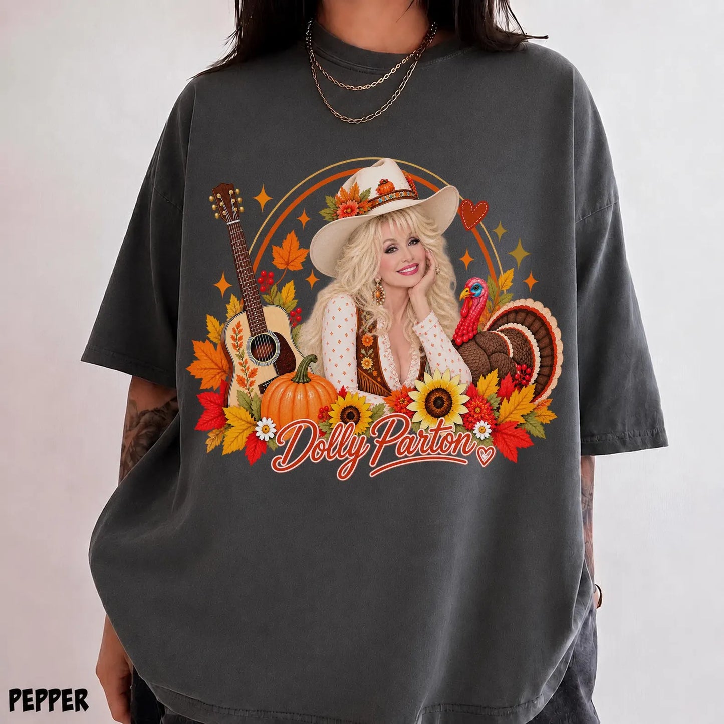 Retro Fall Acoustic Guitar Turkey Thanksgiving T-Shirt