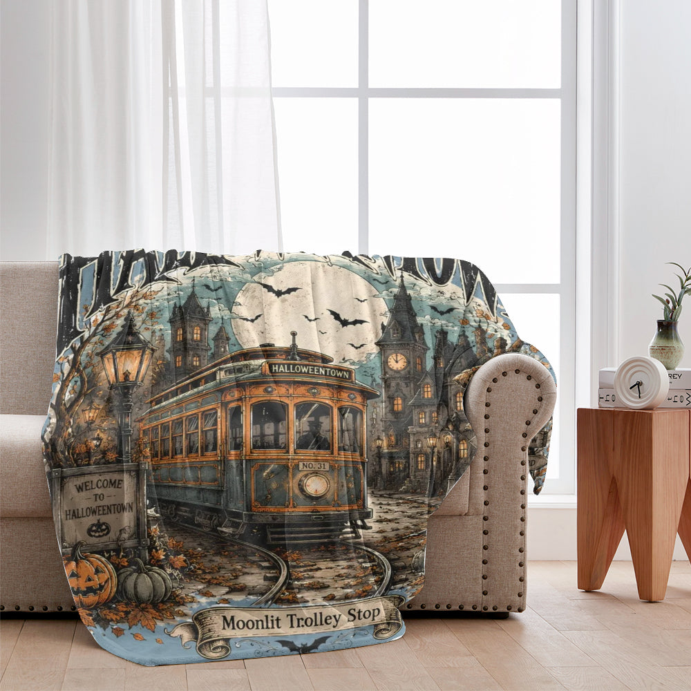 Vintage Halloweentown Trolley Blanket Moonlit Trolley Stop Autumn Throw