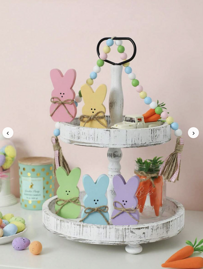 5PCS Wooden Easter Bunny Decorative Plates – Rabbit Shaped Tabletop Decor with Jute Rope – Easter Multi-Tier Tray Centerpiece for Spring Home Decoration
