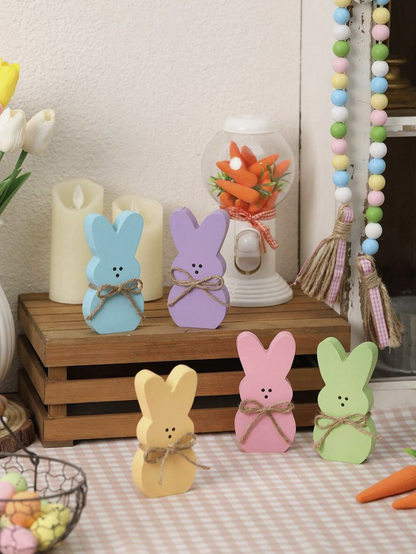 5PCS Wooden Easter Bunny Decorative Plates – Rabbit Shaped Tabletop Decor with Jute Rope – Easter Multi-Tier Tray Centerpiece for Spring Home Decoration