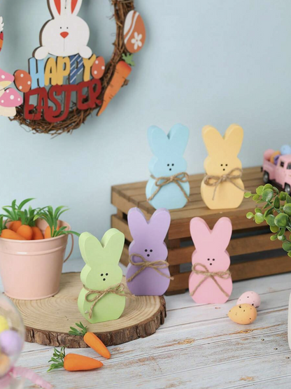 5PCS Wooden Easter Bunny Decorative Plates – Rabbit Shaped Tabletop Decor with Jute Rope – Easter Multi-Tier Tray Centerpiece for Spring Home Decoration