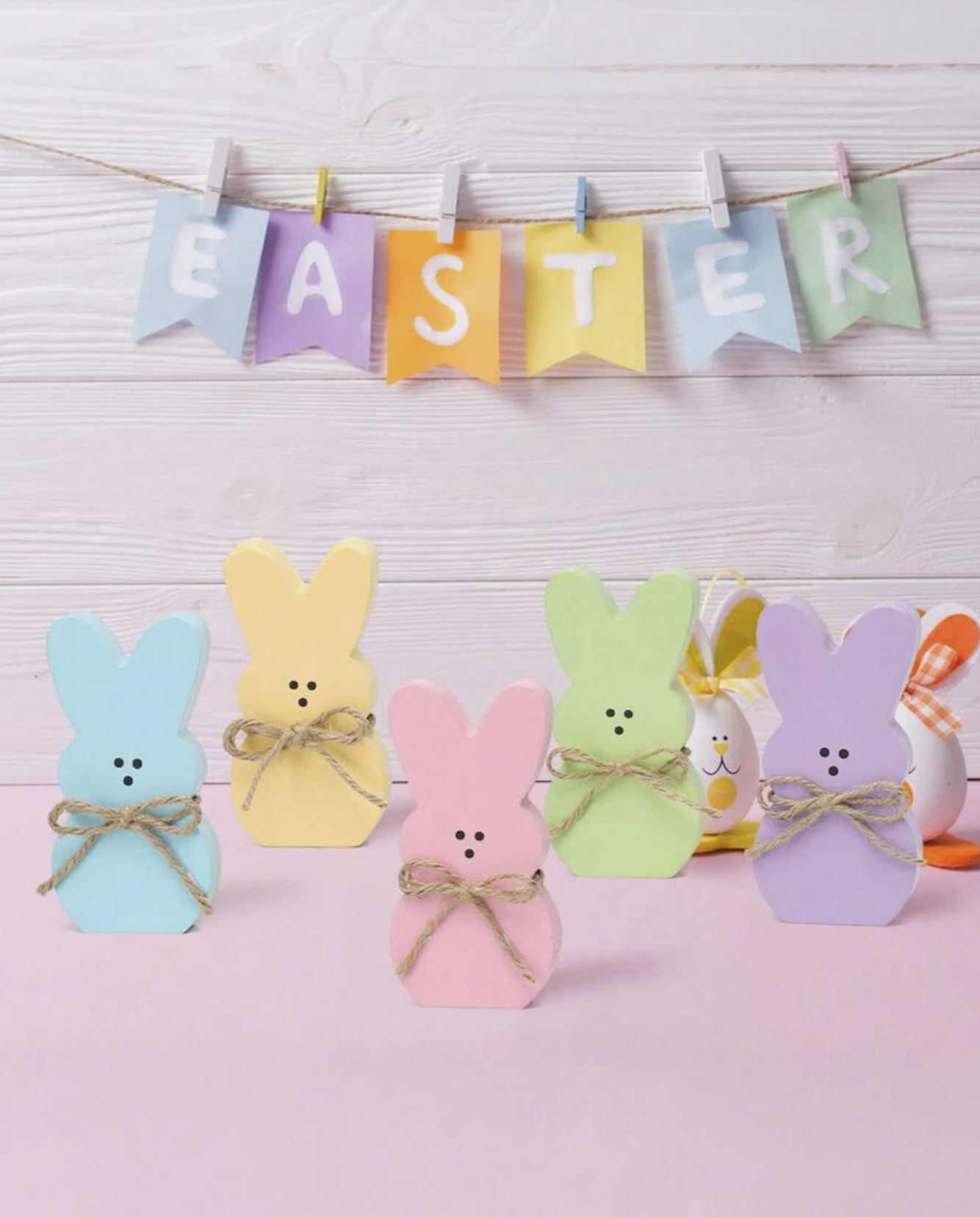 5PCS Wooden Easter Bunny Decorative Plates – Rabbit Shaped Tabletop Decor with Jute Rope – Easter Multi-Tier Tray Centerpiece for Spring Home Decoration