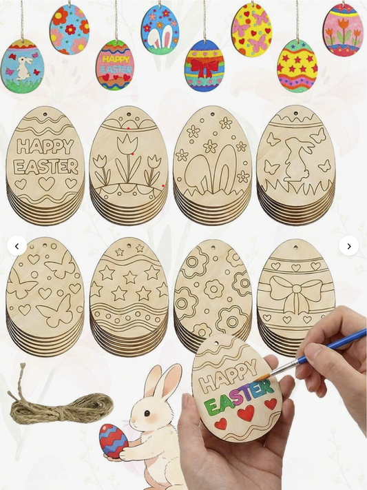 20PCS Wooden Easter Egg Shapes – DIY Blank Wooden Egg Decorations with Strings for Easter Crafts