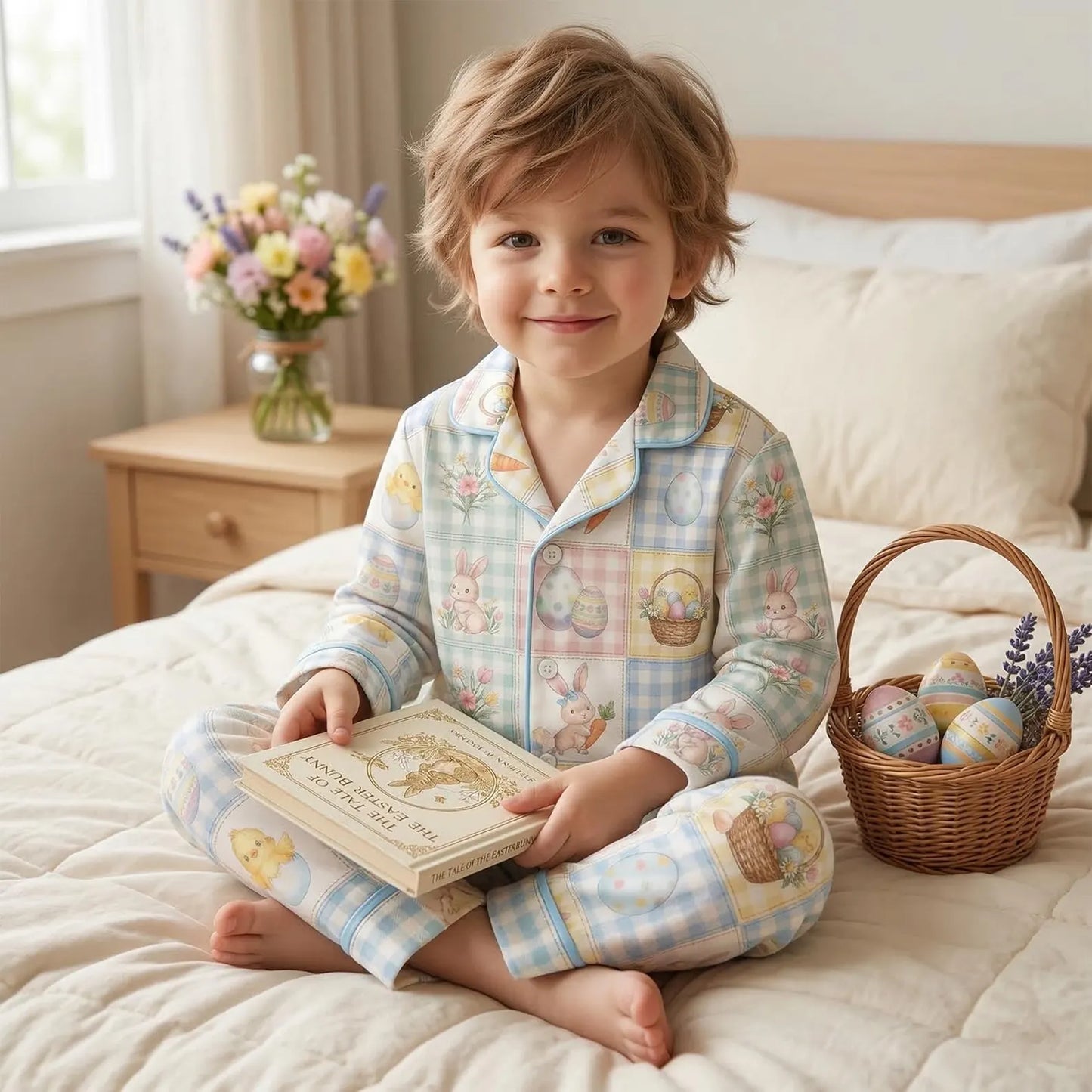 Easter Satin Pajamas – Pastel Bunny & Chick PJs, Cute Spring Sleepwear for Boys & Girls, Toddler Easter Gift, Silk Button Down Set