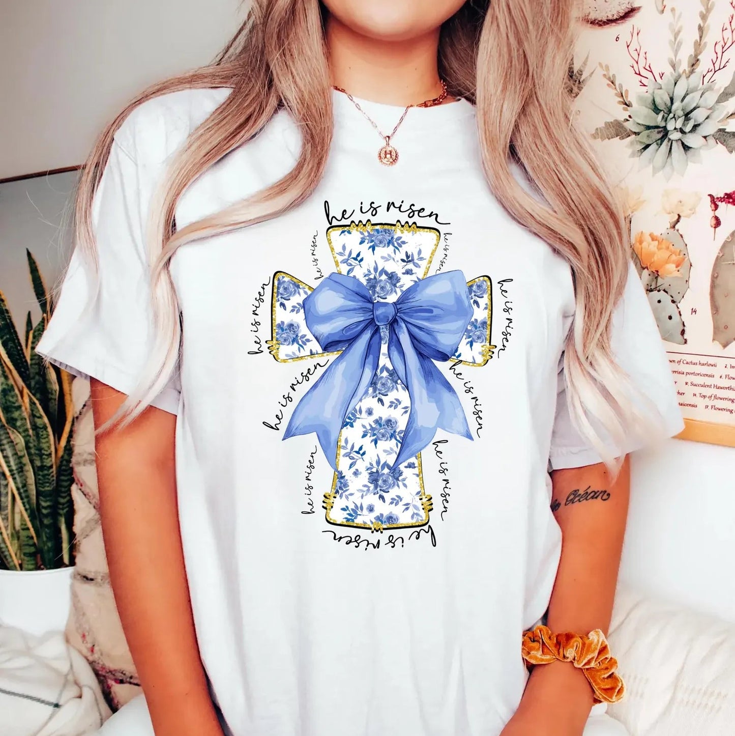 He Is Risen Easter Shirt, Blue Chinoiserie Cross Shirt, Christian Easter Tee, Coquette Bow Faith Shirt, Jesus Easter Shirt, Religious Spring Shirt